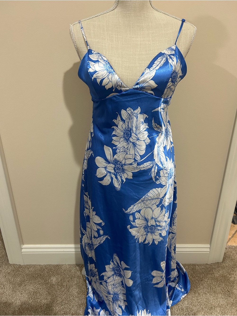 Blue Floral Satin Slip Dress - Women's Intimates